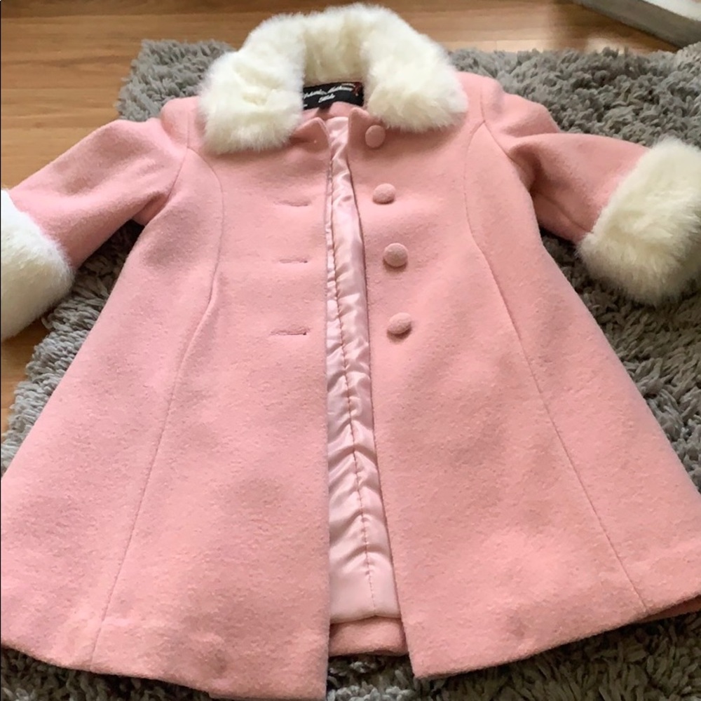 Girls dressy pink wool coat with fur trim